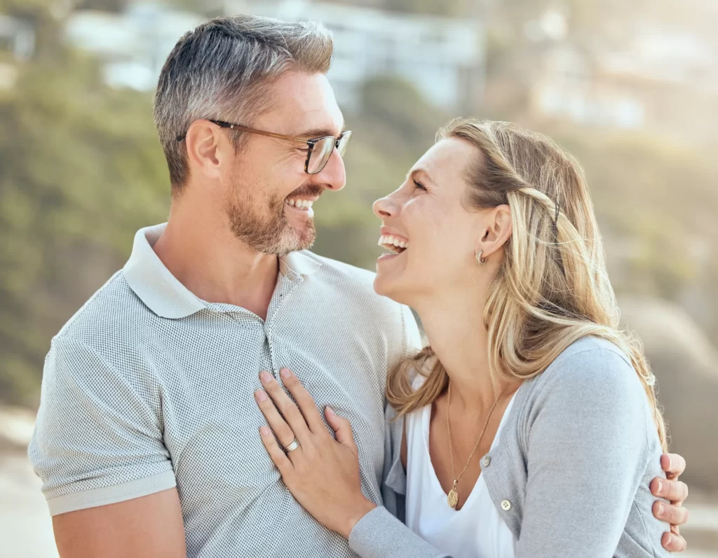happy and loving mature caucasian couple enjoying utc